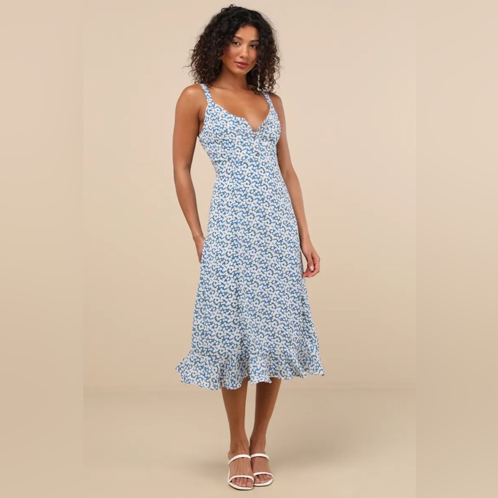Lulus Darling Daisies Blue Floral Print Midi Dress - Size M - Picture 3 of 11